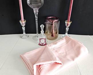 Pink Lover's Lot!  Pink Tinted Glass - Cut Crystal Bell - Pink Tablecloth & Tapers