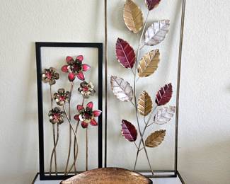 Two Pieces of Metal Wall Art and Pretty Metallic Gold Tone Art Glass Bowl 