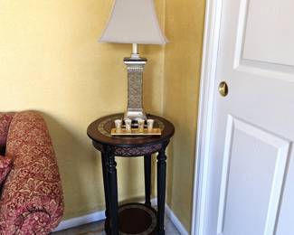 Round End Table Ornately Painted w/ Burgundy and Gold, Plus Table Lamp & Miniature Candles
