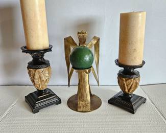  Set of Candle Holders - 10" Metal Angel Plus Two Pillar Candle Holders with Palm Leaves Design