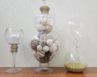 Set of Three Clear Glass Decor Items - 15" Tall Hour Glass, 12" Wine Glass & 22" W/ Decorative Balls