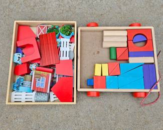 Set of Two Melissa & Doug Wood Play Sets - Barn Yard Set Up and Colorful Block for Building