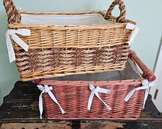 Lot of Two Large Rectangle Wicker Storage Baskets w/ Liners