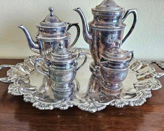 Vintage Silverplated Coffee / Tea Service on Footed Silver Tray - Coffee Pot, Tea Pot, Sugar & Creamer