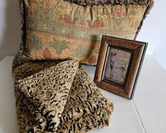 Plush Animal Print Throw - Ornate Dragonfly Picture Frame & Large Tapestry Throw Pillow w/ Camels & Palm Trees 