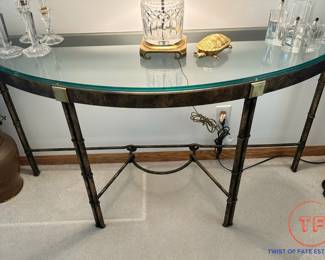 Contemporary Glass Top Half Moon Table with Faux Metal Bamboo Legs
