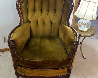 1940's Antique Hand Carved Parlor Tufted Armchair