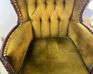1940's Antique Hand Carved Parlor Tufted Armchair