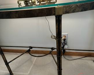 Contemporary Glass Top Half Moon Table with Faux Metal Bamboo Legs