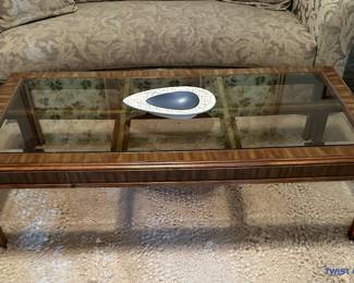 Vintage Glass Topped Coffee Table with Inlaid Brass
