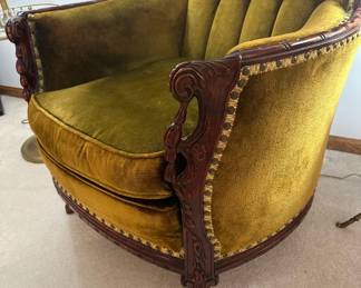 1940's Antique Hand Carved Parlor Tufted Armchair