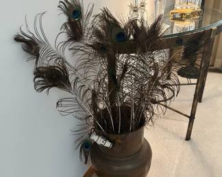 Antique Copper Pot with Peacock Quills 