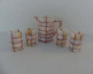 Vintage Tessellated Pink Onyx 1-Quart Pitcher & 4 Cups