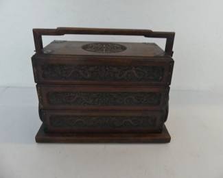 Antique Intricately Carved Chinese Huanghuali (Fragrant Rosewood) 3-Tier Carry Case -
