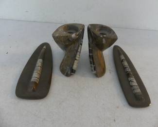 Vintage Polished Orthoceras Fossil & Twisted Candlestick Holder Pair - 2 Sets
