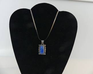 Vintage Lapis Lazuli Pendant in Stamped RB Sterling Setting on 29" 2mm Serpentine Spring Ring Clasp Chain - TW 19.8g