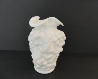Vintage Illinois Glass Milk Glass Grape Deep Ruffle Rim Vase - 8½" Tall