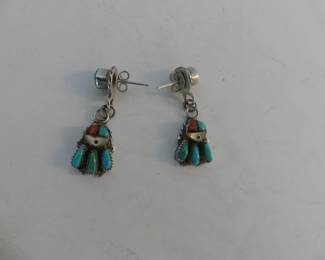Vintage Ernest A. Zunie Native American Zuni Sterling Double Sunface Inlay Dangle Post Earrings - TW 4.6g