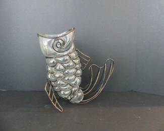 Vintage Metal Wire & Hand Blown Bubble Glass Clear Fish Vase - 10" Tall