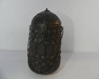 Antique Late 19th/Early 20th Century Buddhist Monk's Alms Collection Vessel - Bronze Over Wood - 7" Diameter x 14" Tall