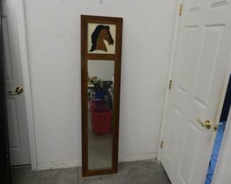 Vintage 2000 Wood Framed Wall Mirror with Fused Glass Horse Head Top - 15¾" x 66"