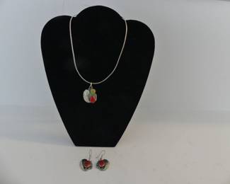 Vintage Mojave Green Turquoise & Coral Pendant & Dangle Earring Set on 15¼" Sterling Chain - Chain TW 16.4g