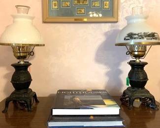 Cast Iron Pot Belly Stove Lamps - Lamp on right has Currier & Ives globe