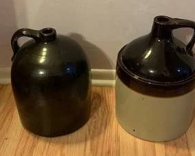 Antique Whiskey Jugs (large) - Jug on left is brown salt glazed stoneware primitive beehive