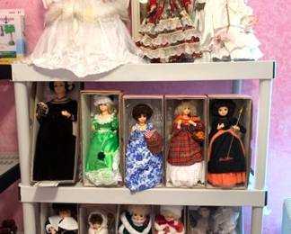 Porcelain Dolls - Rows 2 and 3 are Brinn's Collectibles some of which are musical