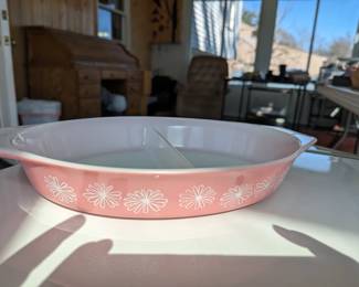 Vintage Pyrex Pink Daisies Divided Casserole Dish with glass lid