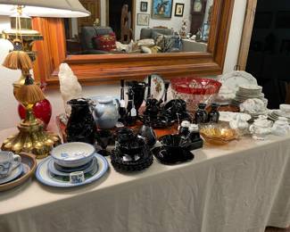 Hand made pottery, vintage black amethyst glass, vintage punch bowl with cups