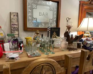 Lots of vintage bar ware, metal bar sign