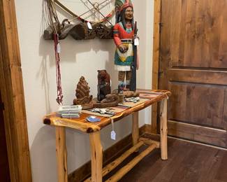 Log entrance table/sofa table with wood carved pieces