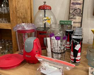 Ninja Storm drink and food blender, vintage peanut dispenser, vintage cocktail mixer, vintage Dairy Queen tumblers