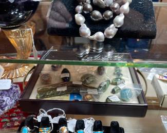 Large Baroque 3 strand pearl necklace, sterling rings and hand made large beads