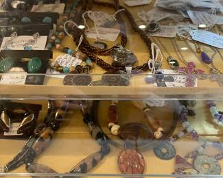 Ammonite jewelry, hand made beads, art glass, sterling crosses and necklaces