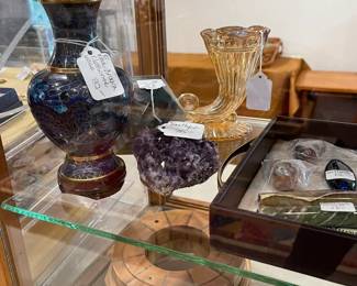 Blue dragon cloisonne vase, amethyst piece, carnival glass