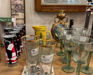 Vintage beer glasses, hand blown wine glasses, vintage Dairy Queen Christmas glasses