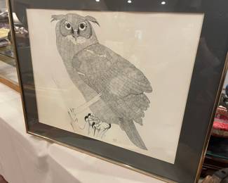 Original pen and ink by Robert Green 71/100 dated 1977  "Great Horned Owl"