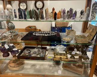 The large showcase contains, wonderful fossils and minerals, large baroque pearls, vintage brass, cloisonne blue dragon vase