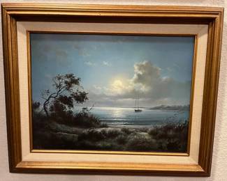 "Moonlit Cove" framed print, signed 15"x12"