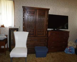 chest of drawers armoire, parson's chair, small dresser, TV