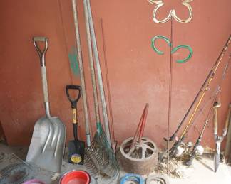 tools, dog dishes, horse shoes, metal flower