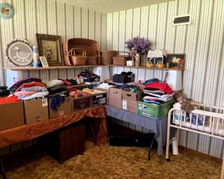 clothing, vintgage hospital baby bed, Longaberger baskets,