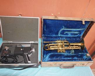 trumpet, movie camera