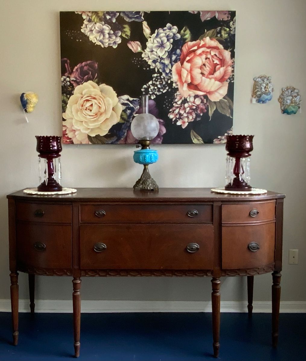 Federal Style Mahogany Sideboard with 2 Center Drawers Flanders curves door cabinets. Top drawer is divided (3part) and felt lined.(66”W x 22”D x 38”H)