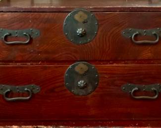 Antique Japanese Tansu 2-Drawer Chest with Iron Findings, Wrought Iron Drawer Pulls and Handles on each end. (38”W 17.5”D x 25”H)