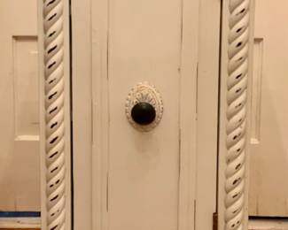 Vintage White Washed Small Armoire Cabinet.  Single Door flanked by Barley Twist Column raised on a Bracket Foot Base (14.5” W x 10”D x 32.5”H)