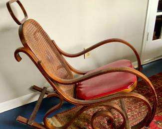 Vintage Bentwood Cane Back Rocker with Red Naugahyde  upholstery Seat
