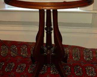 Victorian Oval Parlor Table with White Marble Top with a center column 4-Leg Base (25”W x 18.5”D x 29.5”H)